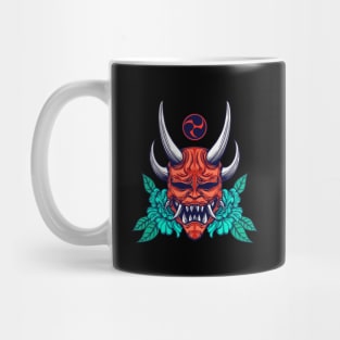 red oni mask with leaves on the back Mug